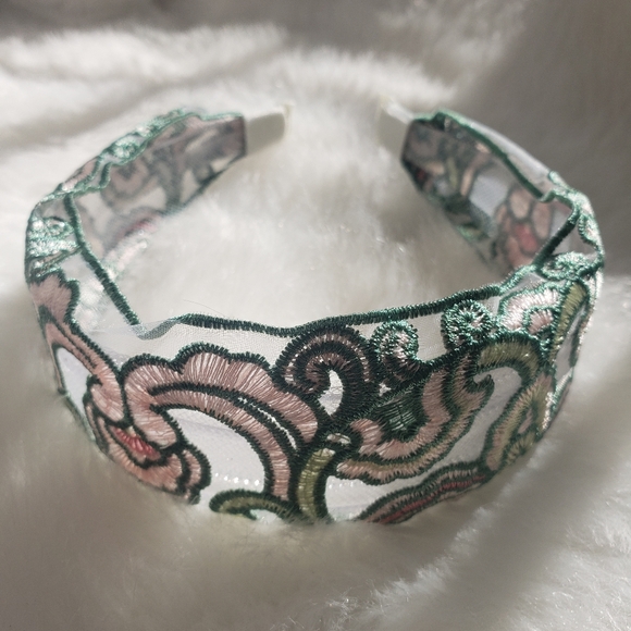 Bohemian Embroidered Headband - Green and Pink - Picture 3 of 3